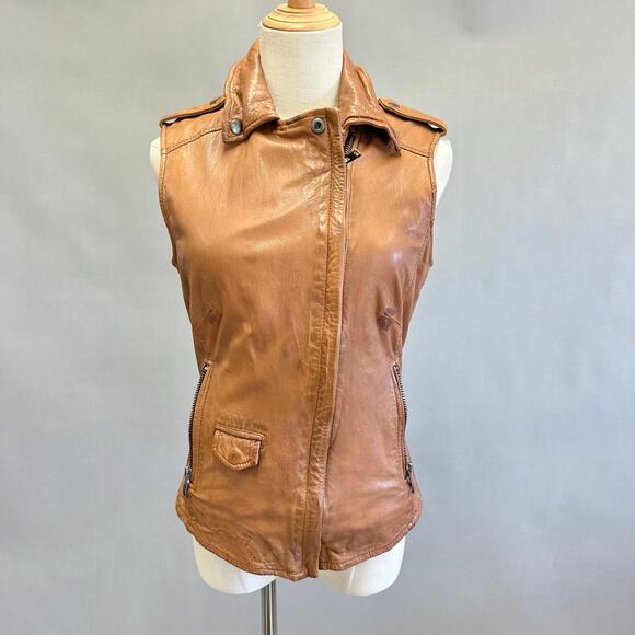 Muubaa Lynn Tan Brown Sleeveless Leather Biker moto jacket vest US Size 6 UK 10 - Picture 1 of 15